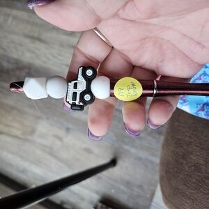 White and Black Beaded Pen with Car Charm